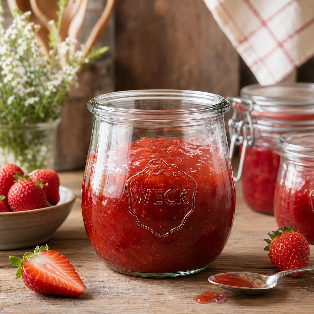 220ml tulipánová sklenice WECK RR60 s dřevěným dřevem WECK Tulpenglas 220ml RR60 gefüllt mit roter Erdbeermarmelade auf rustikalem Holztisch mit frischen Erdbeeren