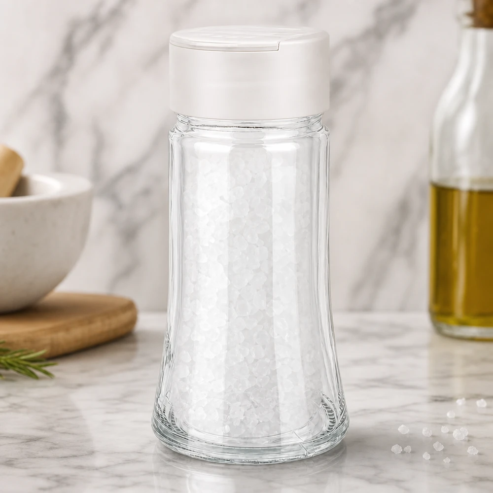 Dóza na sůl/koření 95 ml s dvojitým šejkrem bílá Gewürzglas 95ml mit Doppelstreuerdeckel weiß neben Olivenölflasche auf Marmorarbeitsplatte