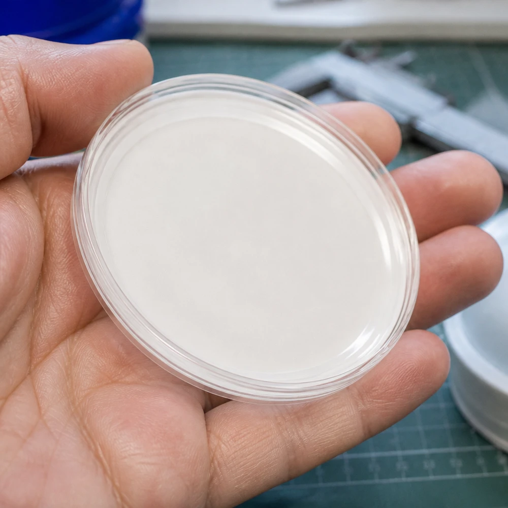 70mm víčko BasicSeal bílé (TO70) UNiTWIST Detailní záběr 70mm víčka BasicSeal, bílé, TO70 UNiTWIST s průhledným plastovým okrajem na dlani