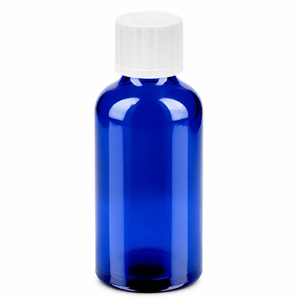 50ml láhev 11mm šroubovací uzávěr bílý standardní odolný proti otevření dětmi BlueLine UT18/50 Hochwertige blaue Glasflasche 50ml mit manipulationssicherem Verschluss BlueLine