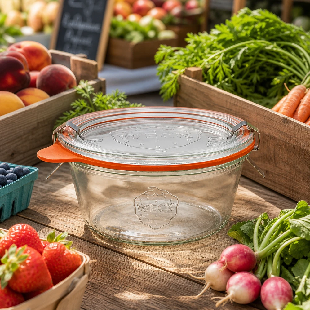 290ml nízká zavařovací sklenice s kompletním víkem WECK RR100 WECK Sturzglas 290ml RR100 mit orangem Gummiring zwischen frischem Marktgemüse Obst zum Einmachen