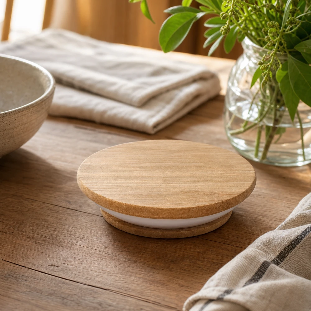 WECK Holzdeckel RR80 Version A Lifestyle-Aufnahme auf Holztisch mit Dekoration zeigt natürliche Wohnambiente-Integration