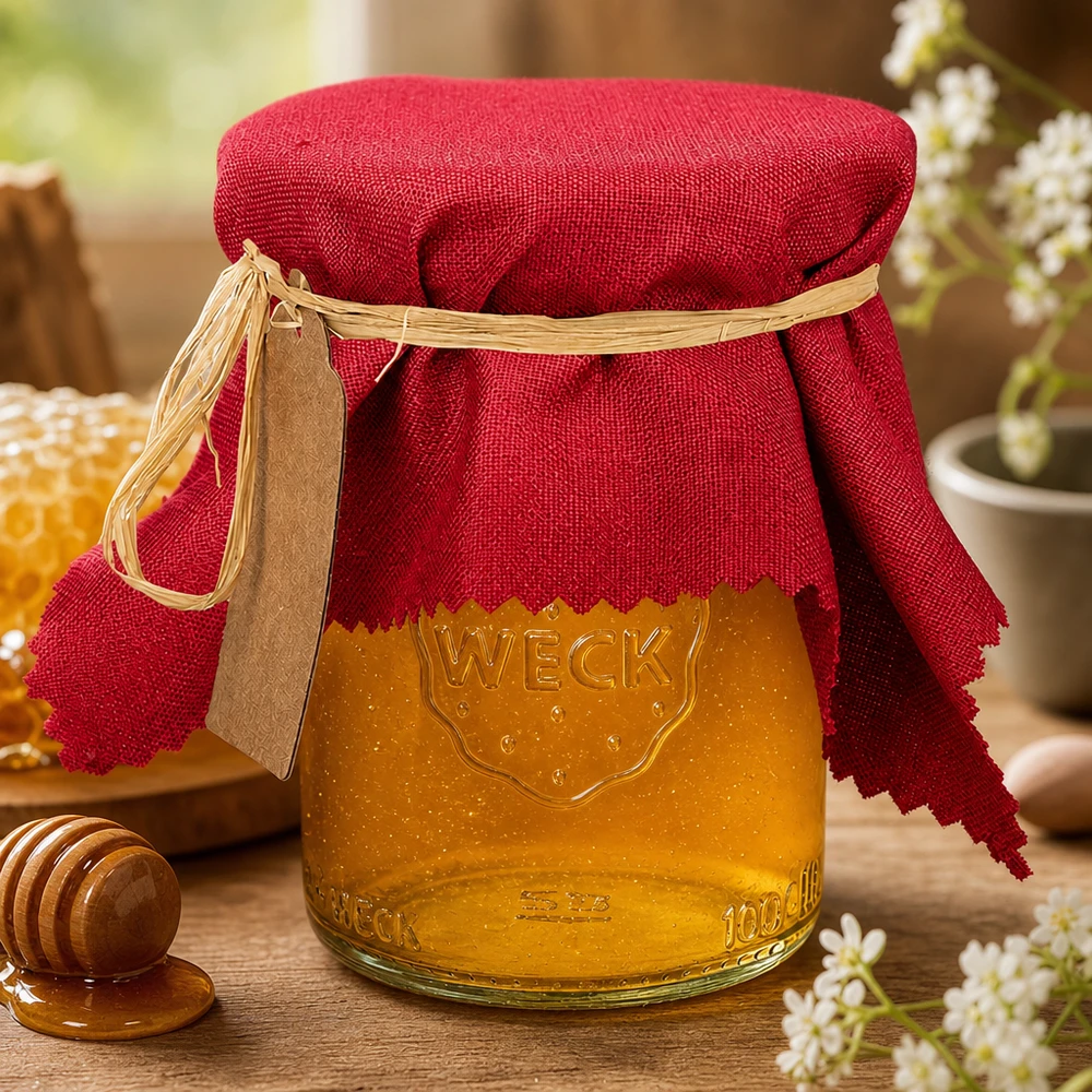 Bordeauxrotes Stoff Schmuckdeckchen 15cm eckig auf Honigglas mit Raffia und Etikett in rustikaler Küchendeko