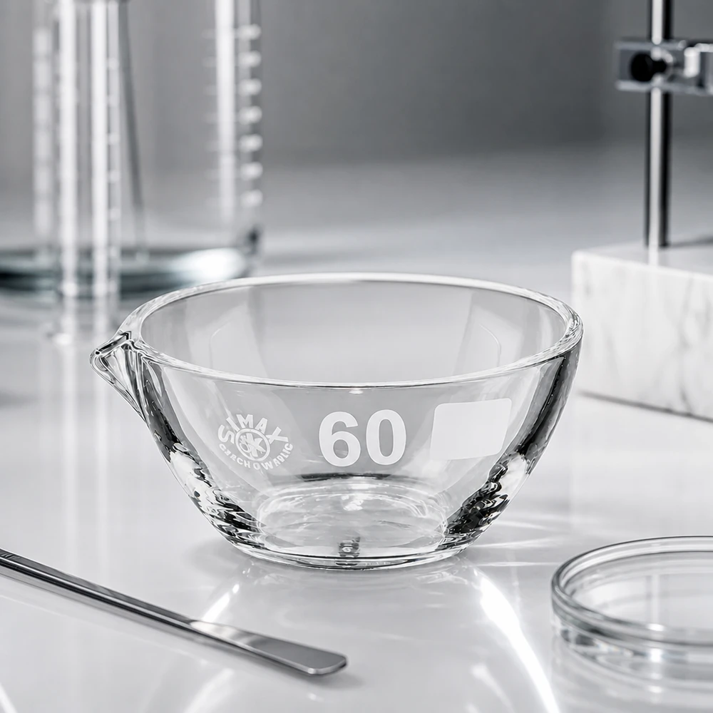Zásobník na páry o objemu 45 ml s borosilikátovou výlevkou ø60 mm Präzisions-Abdampfschale 45ml Borosilikat mit Ausguss für exakte Messungen und Verdampfungen