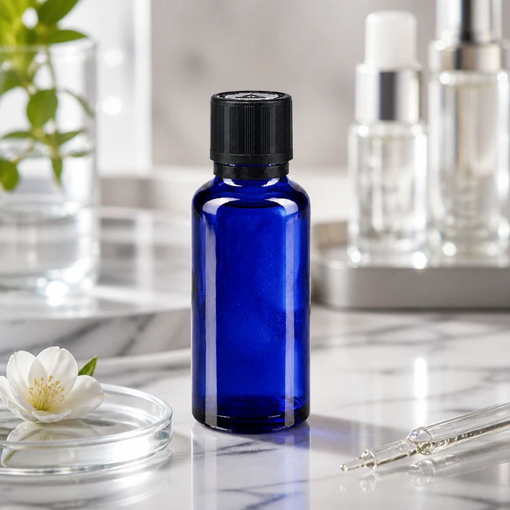 Kleine blaue Glasflasche 30ml mit Originalverschluss und Tropfeinsatz auf weißem Marmor