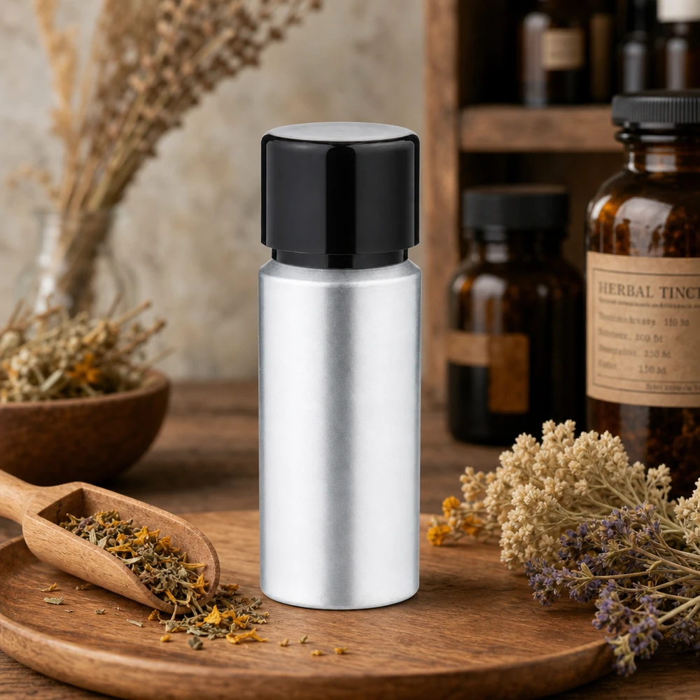 20ml mořená hliníková lahvička se šroubovacím uzávěrem Handliche 20ml Aluflasche mit ergonomischem Verschluss - einfache Befüllung und Entleerung