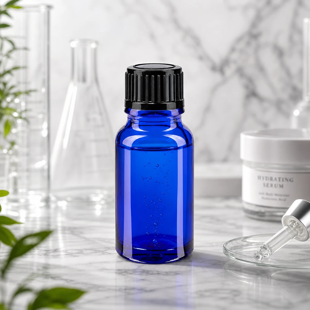 Lichtschutzflasche blau 10ml Glas mit schwarzem Standardverschluss für empfindliche Wirkstoffe