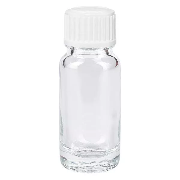 Lékárenská lahvička čirá 10ml kapací uzávěr bílý 0,8mm standardní Lékárenská lahvička čirá 10ml kapací uzávěr bílý 0,8mm standardní