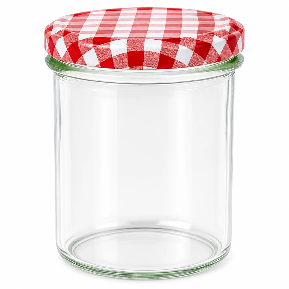 350ml kelímky + víčko BasicSeal červené/bílé UNiTWIST. 350ml Sturzglas mit rot-weiß kariertem BasicSeal Deckel, leeres Einmachglas für Marmelade und Konserven