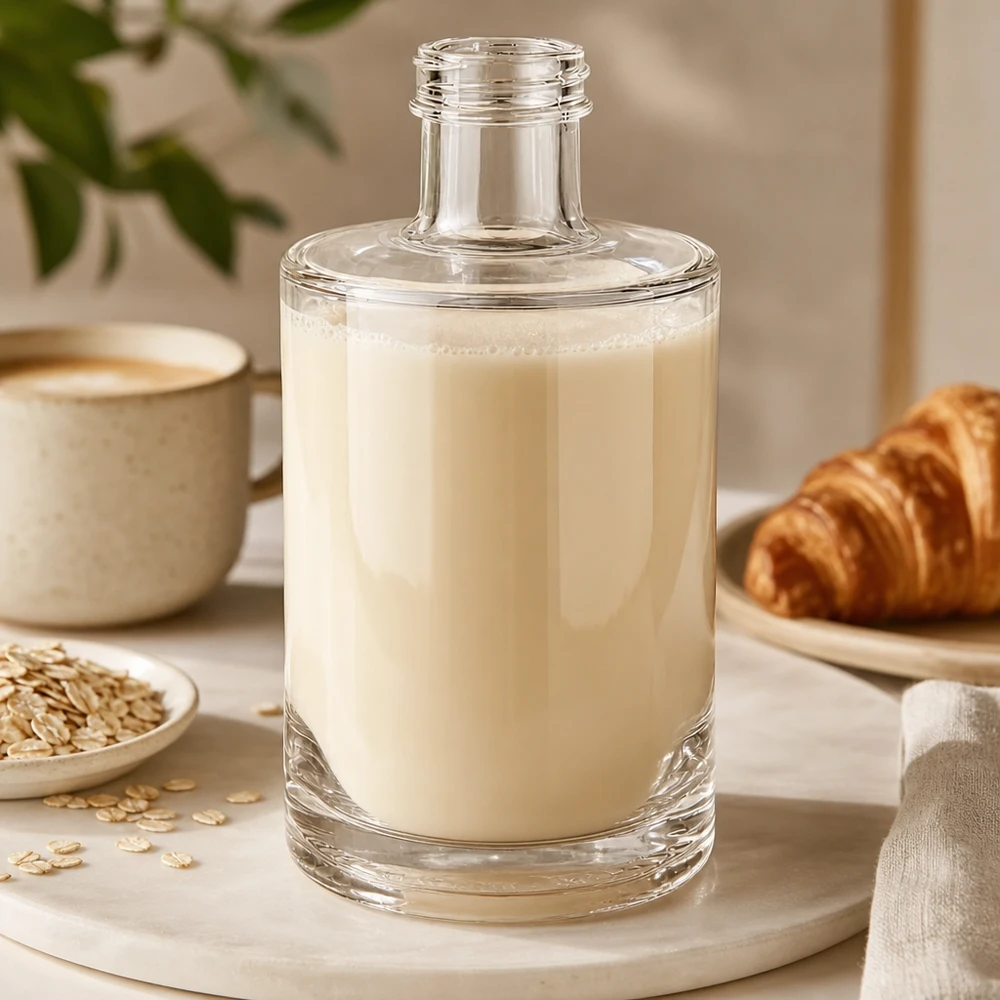 375ml Glasflasche "Sam" ohne Schraubverschluss UNiTWIST 375ml Glasflasche Sam mit cremiger Hafermilch befüllt neben Croissant und Kafeetasse auf Holzbrett arrangiert