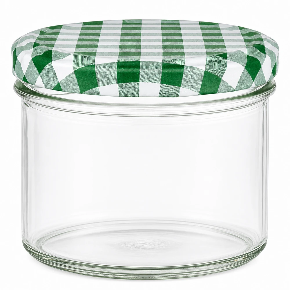225ml kelímky + víčko BasicSeal zelená/bílá UNiTWIST. 225ml Sturzglas mit grün-weißem Karodeckel BasicSeal UN Verschluss für Marmelade und Konserven