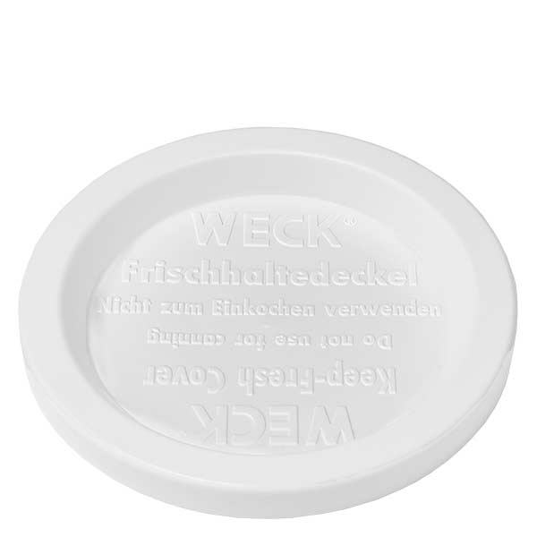 560ml dekorativní sklenice s víčkem pro zachování čerstvosti WECK RR80. WECK Frischhaltedeckel weiß für 165ml Gugelhupfglas RR80 - Detailansicht der geprägten Beschriftung und Struktur