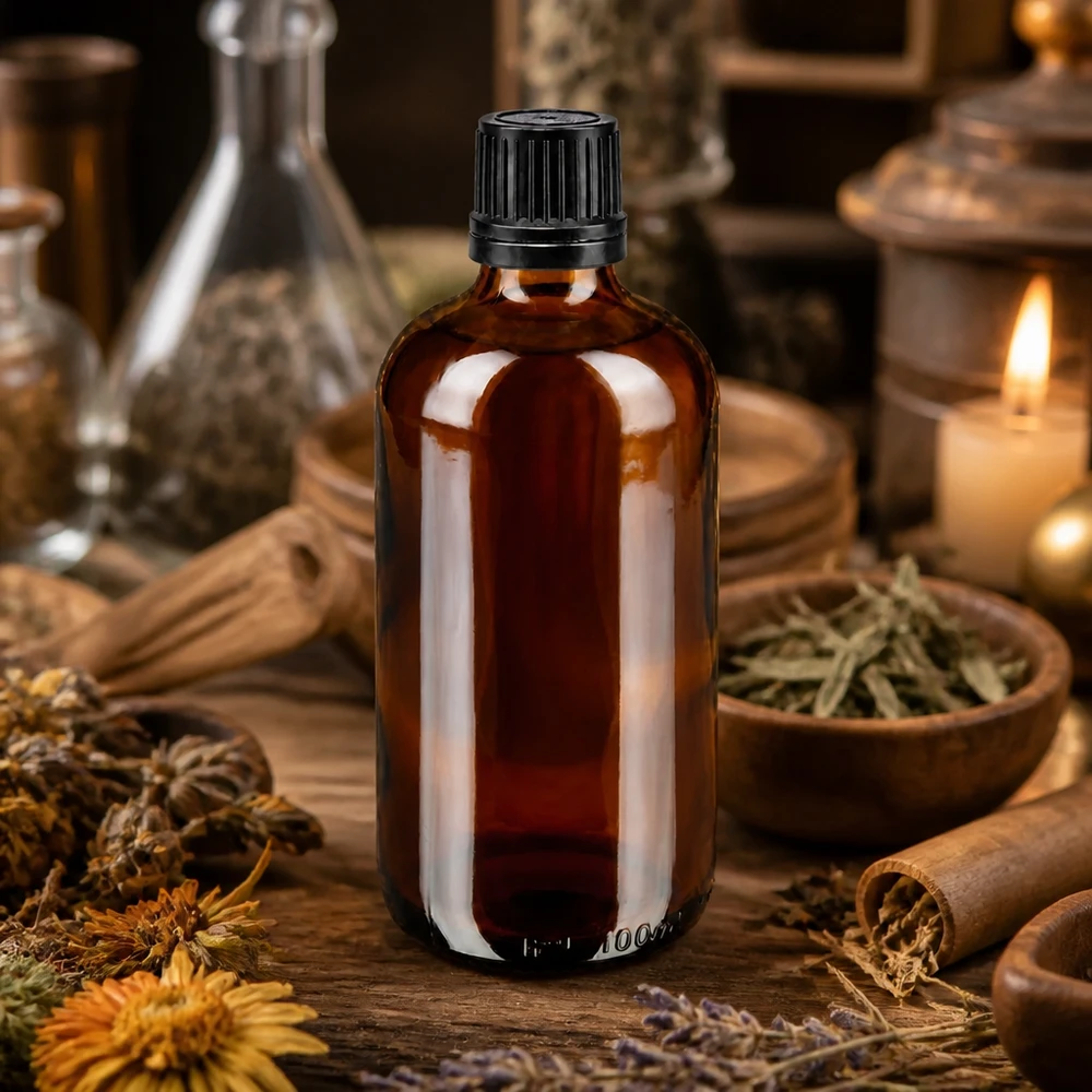 Lékárenská láhev hnědá 100ml kapací uzávěr prémiový 1mm černý tamper-evidentní uzávěr. 100ml Braunglas Flasche mit kindersicherem OV-Verschluss neben Mörser und Trockenblumen