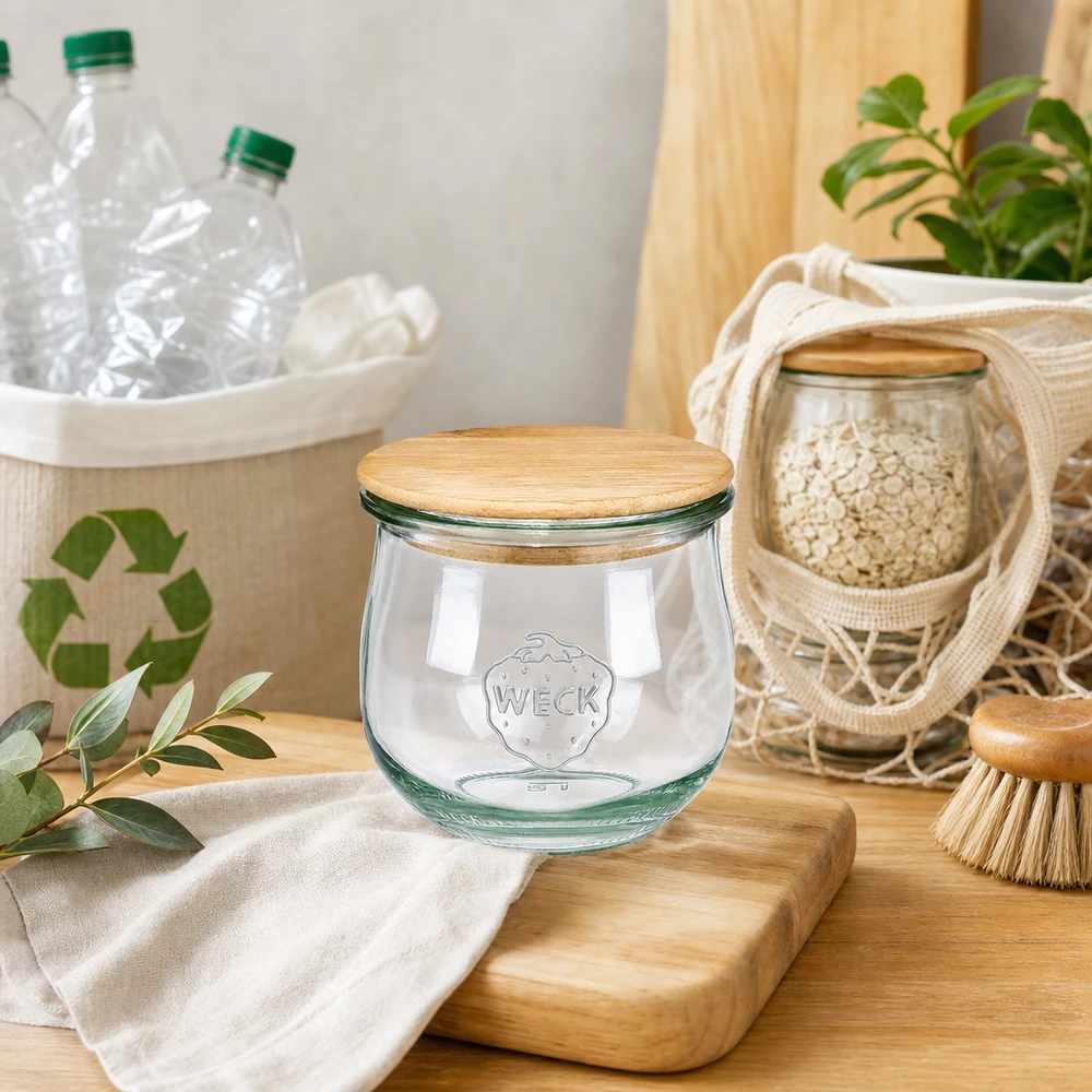 370ml tulipánová sklenice WECK RR80 s dřevěným víčkem WECK Tulpenglas 370ml RR80 mit Holzdeckel in nachhaltiger Zero-Waste Küche mit Recycling-Utensilien und Naturdeko
