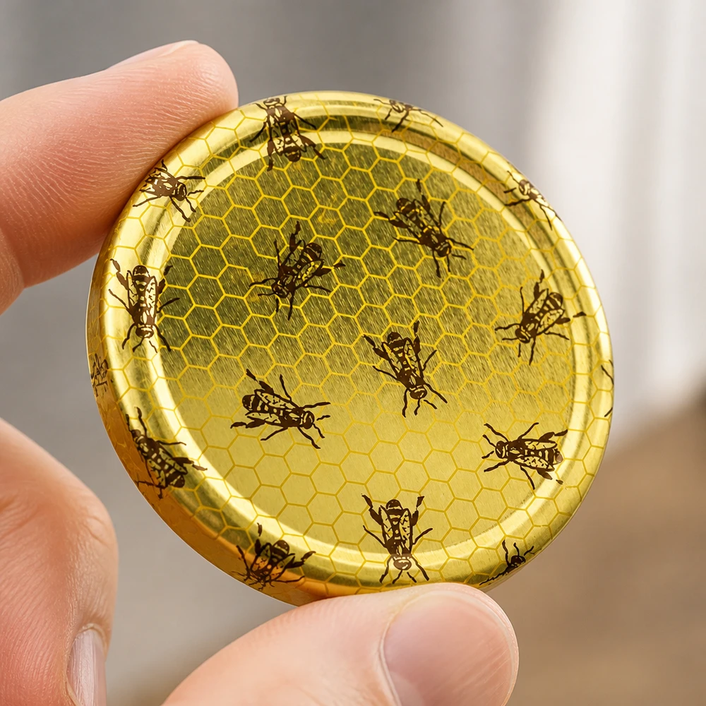 Detailní záběr víčka UNiTWIST o průměru 82 mm s detailním reliéfem ve tvaru včelí plástve a zlatým motivem včely