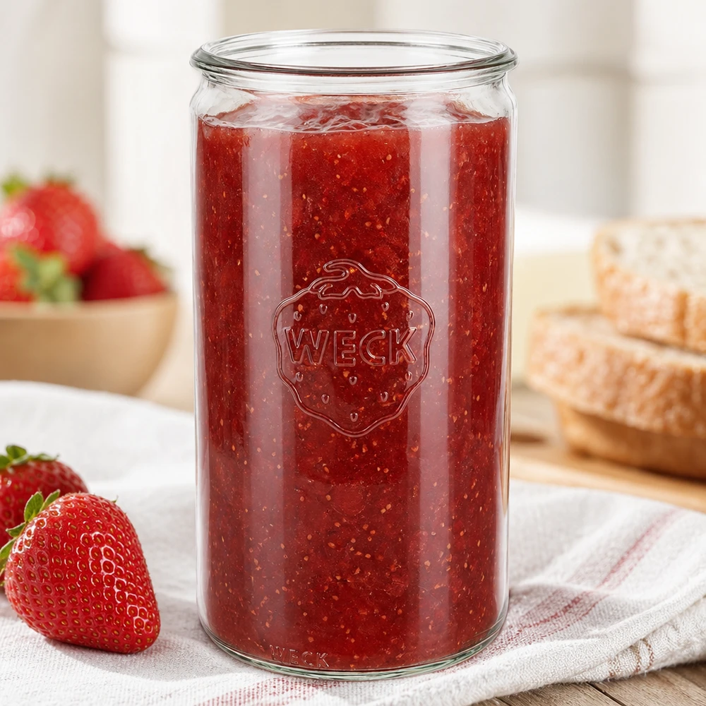 1590ml válcová sklenice WECK RR100 s dřevěným dřívkem. WECK Zylinderglas 1590ml RR100 gefüllt mit Erdbeermarmelade neben frischen Erdbeeren und Brot in heller Küche