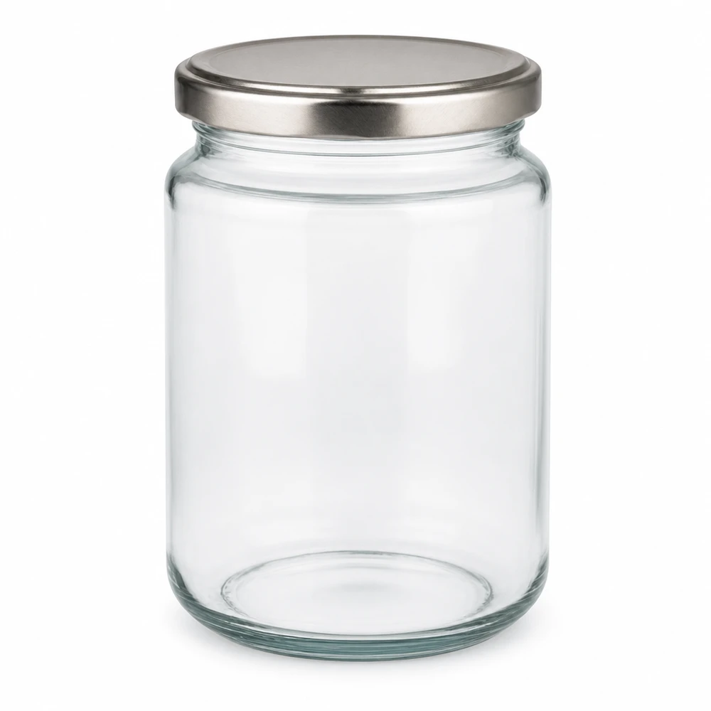 382ml kulatá skleněná nádoba s víčkem BasicSeal stříbrná UNiTWIST. 382ml Rundglas mit silbernem BasicSeal Deckel leer auf weißem Hintergrund Einmachglas Vorratsglas