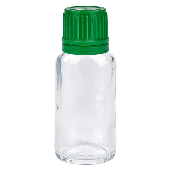 20ml láhev 11mm šroubovací uzávěr zelený uzávěr s ochranou proti manipulaci ClearLine UT18/20 20ml láhev 11mm šroubovací uzávěr zelený uzávěr s ochranou proti manipulaci ClearLine UT18/20