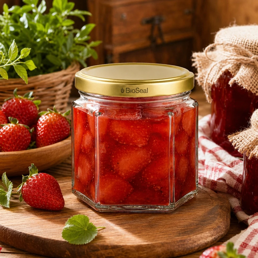 Šestihranná sklenice o objemu 47 ml se zlatým víčkem UNiTWIST BioSeal. UNiTWIST Hexa47 Glasgefäß mit goldenem BioSeal Deckel für hausgemachte Erdbeermarmelade neben frischen Erdbeeren