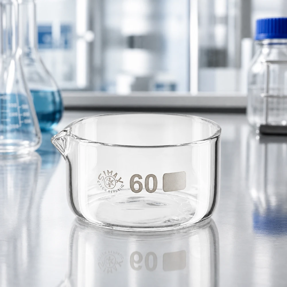 60ml krystalizační miska s borosilikátovou výlevkou ø60mm Laborschale 60ml Glas Kristallisieren Ausguss Chemielabor niedrig zylindrisch Simax Qualitätsglas