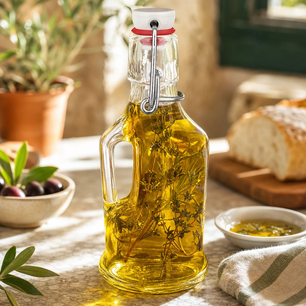 Glasflasche Bertha 200ml mit Kräuteröl gefüllt mediterrane Küchenszene Oliven Brot Bügelverschluss UNiTW
