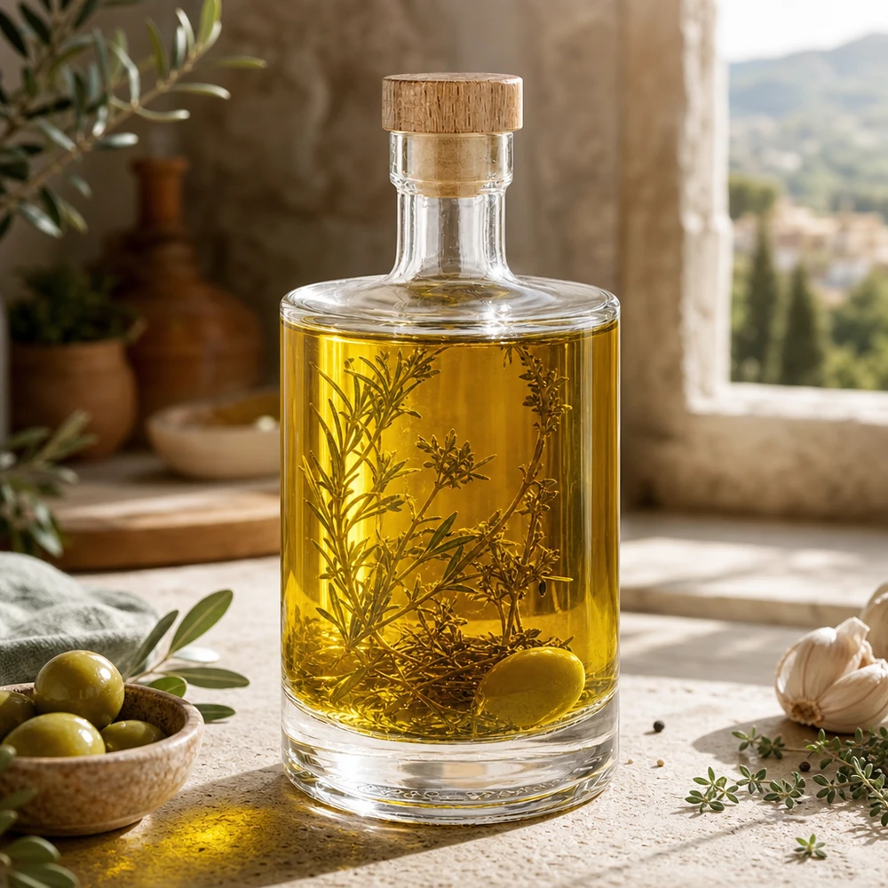 500ml Glasflasche "Marie" mit Holzgriff-Korken UNiTWIST 500ml Glasflasche Marie mit Kräuteröl befüllt - Holzkorken UNiTWIST - mediterrane Küchendeko mit Oliven und Rosmarin