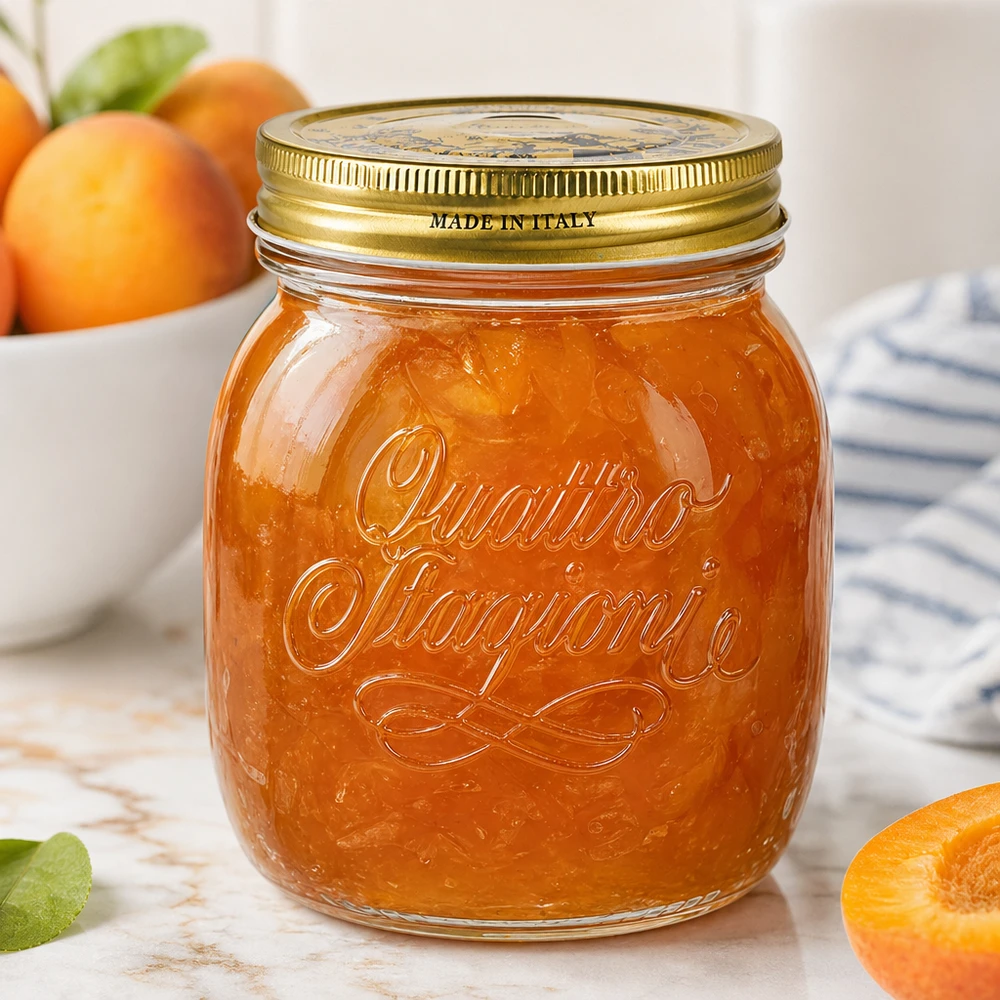 Quattro Stagioni 700ml Rundglas mit Aprikosenmarmelade gefüllt Made in Italy Einmachglas für Konfitüren und Aufstriche
