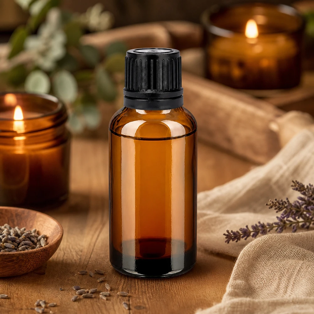 30ml láhev 11mm šroubovací uzávěr černý tamper evidentní uzávěr BrownLine UT18/30 Professionelle Aromatherapie Flasche 30ml mit matter schwarzer Kappe und UV-Schutz Glas