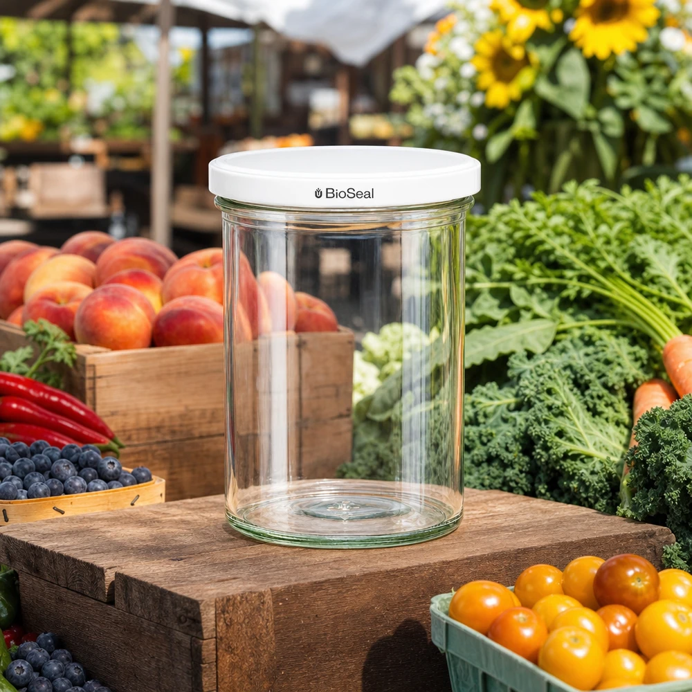 435ml sklenice s bílým víčkem BioSeal UNiTWIST UNiTWIST Sturzglas 435ml leer auf Holztisch zwischen frischem Obst und Gemüse zeigt vielseitige Verwendung im Garten
