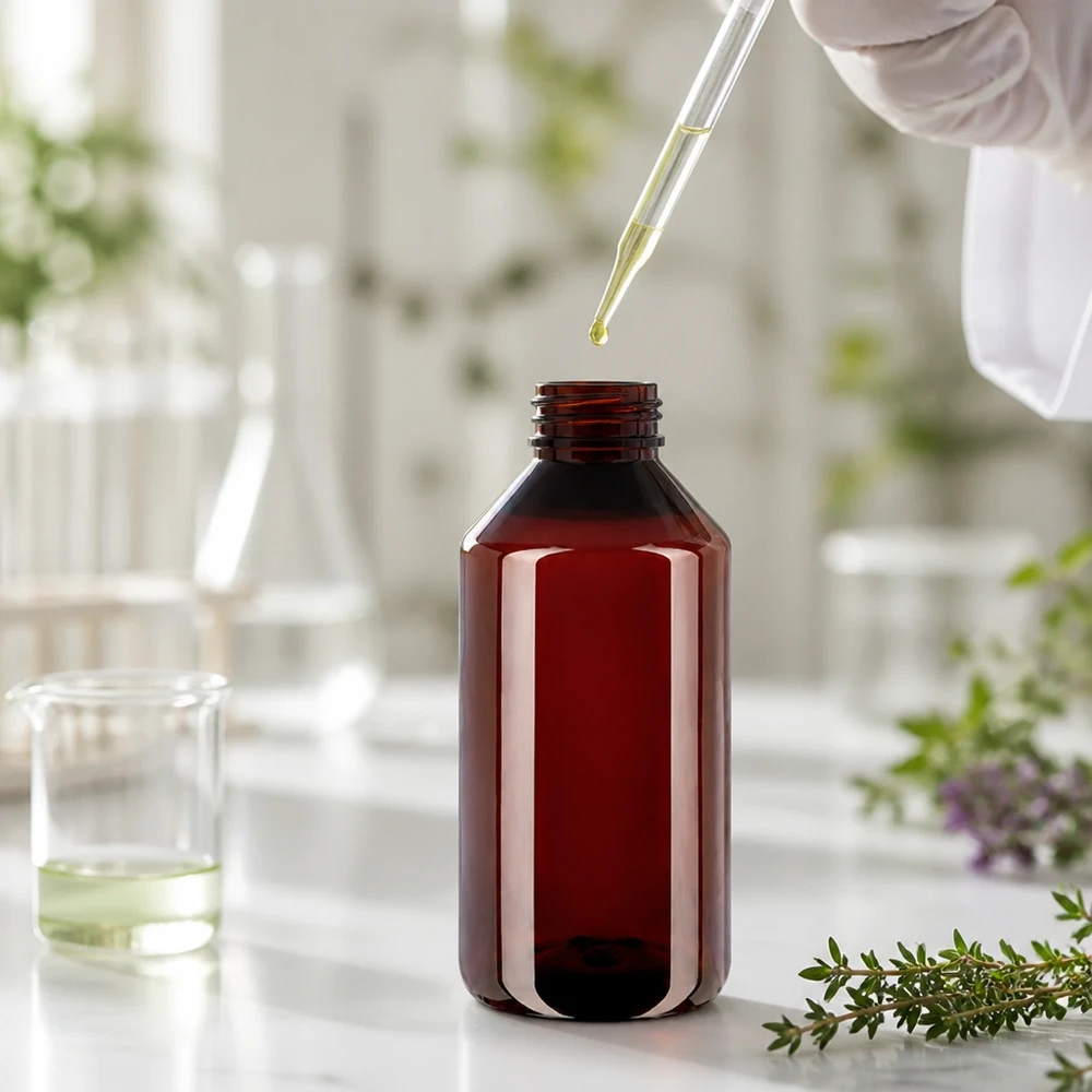 Hnědá 1litrová PET láhev s bílým bezpečnostním uzávěrem pro éterické oleje v laboratoři