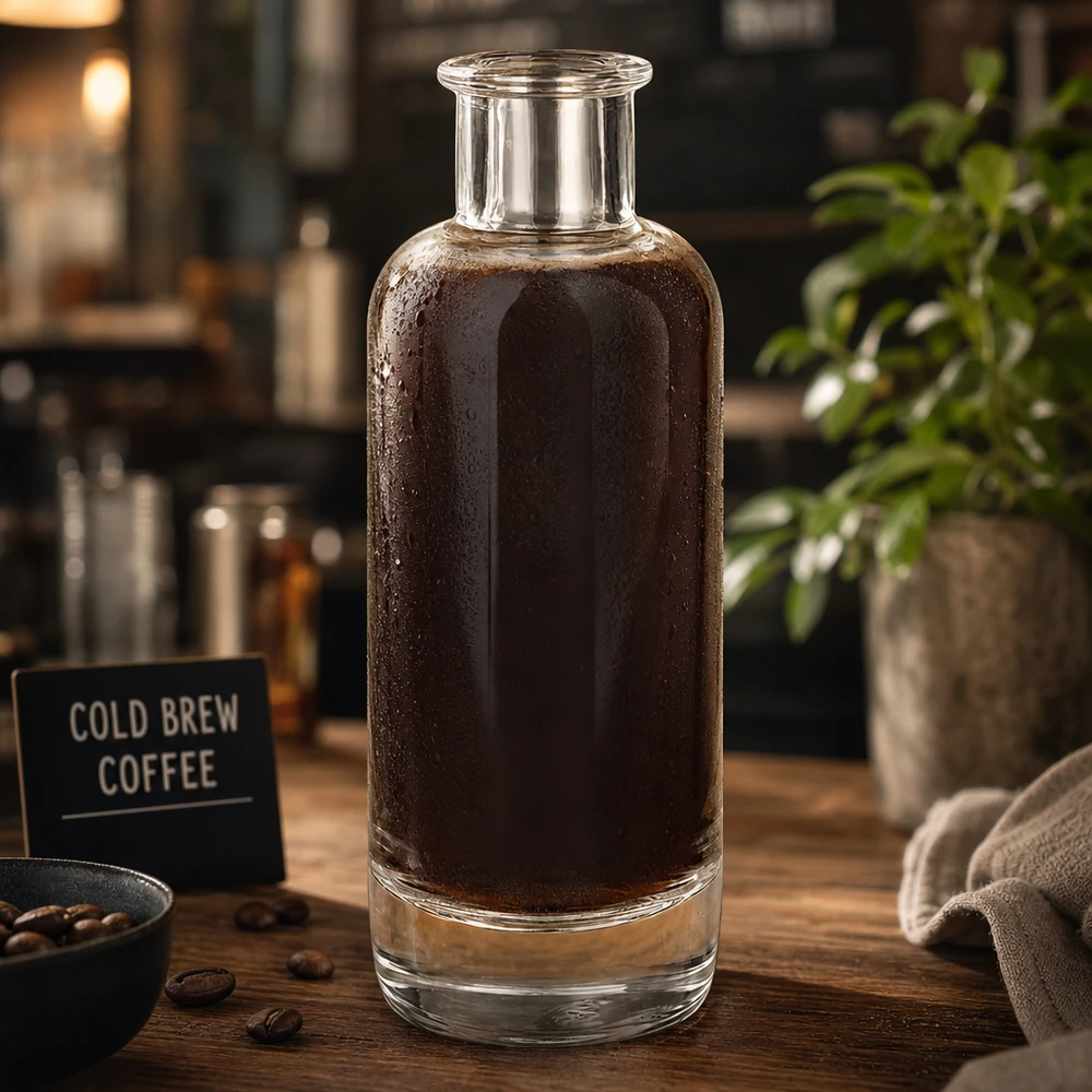 200ml Glasflasche "Ella" ohne Verschluss UNiTWIST 200ml Glasflasche Ella mit Cold Brew Kaffee befüllt in Café-Atmosphäre zeigt Verwendung für Kaffeegetränke