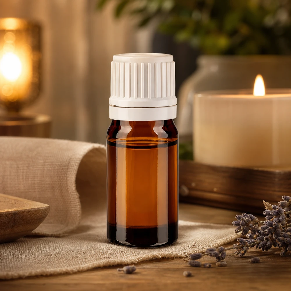 Lékárenská láhev hnědá 5ml se šroubovacím uzávěrem bílá s ochranným uzávěrem proti manipulaci. Apotheker Braunflasche 5ml mit weißem Sicherheitsverschluss für Duftöle und Essenzen