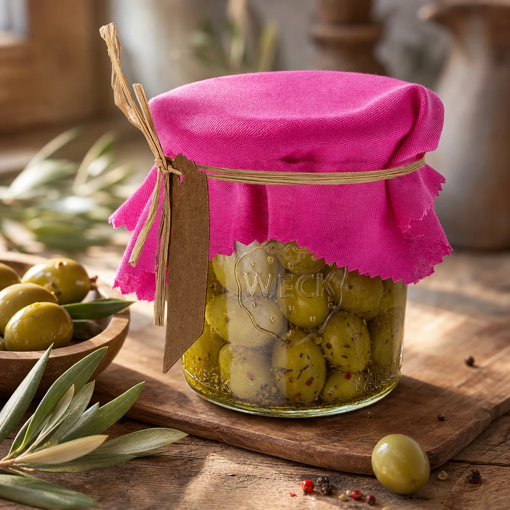 Pinkes Stoff Schmuckdeckchen 12cm eckig auf Olivenglas mit Bast und Etikett in mediterraner Deko Szene