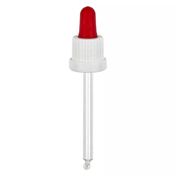 Skleněná kapací pipeta bílá/červená 18mm PL78 s uzávěrem s ochranou proti manipulaci. Skleněná kapací pipeta bílá/červená 18mm PL78 s uzávěrem s ochranou proti manipulaci.