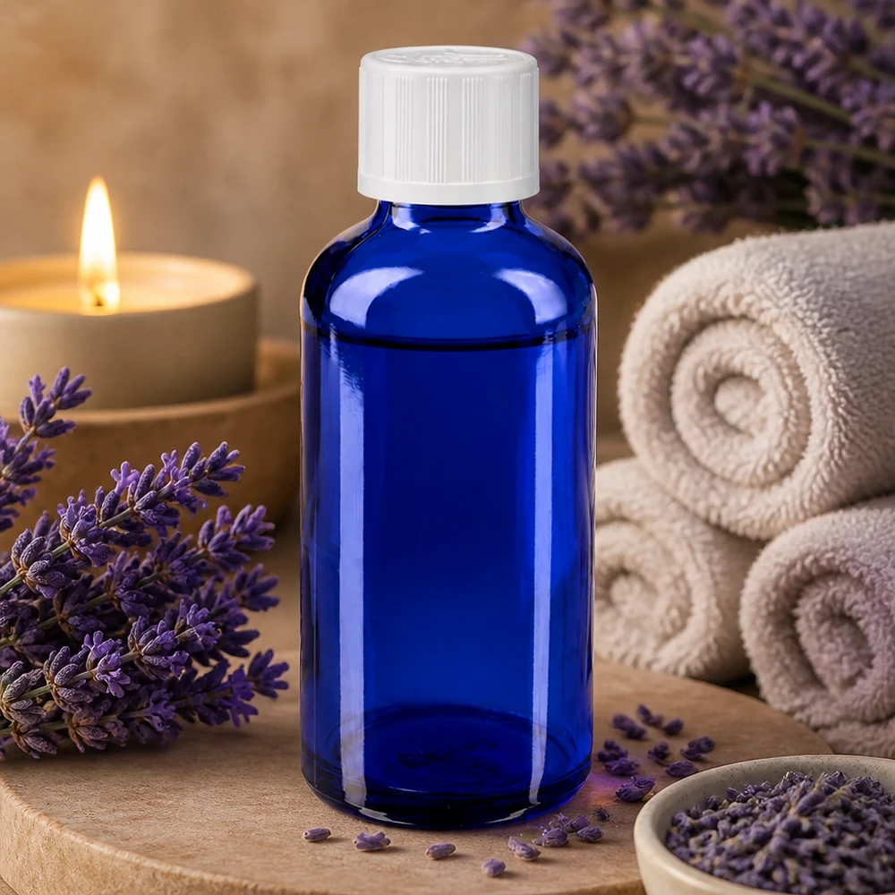 Kobaltblaue Apothekerflasche mit KiSi-Verschluss umgeben von Lavendel gerollten Handtüchern