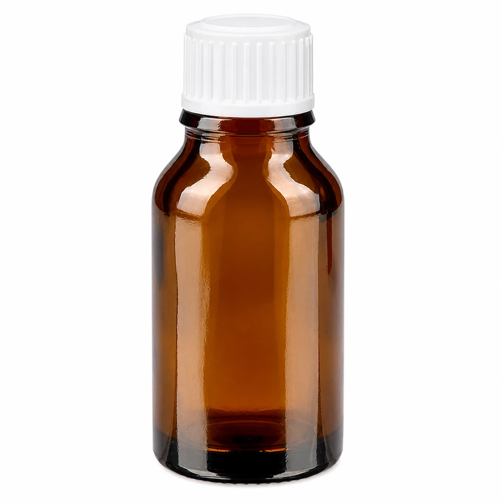 Lékárenská lahvička hnědá 15ml šroubovací uzávěr bílý standard. Kompakte 15ml Tropfflasche braun Glas pharmazeutische Verpackung weiß