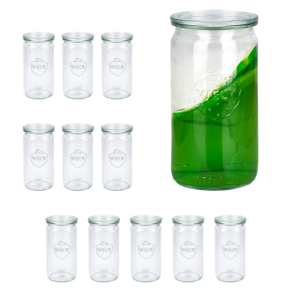 Sada 12 válcových sklenic Weck 340ml s 12 skleněnými víčky. Sada 12 válcových sklenic Weck 340ml s 12 skleněnými víčky.
