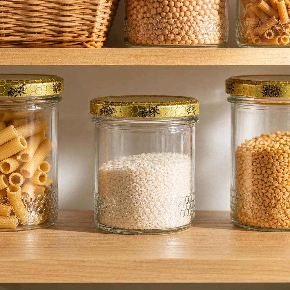 560g Honigglas + BasicSeal Deckel Bienenwabe UNiTWIST 400ml Honigglas mit Bienenwaben-Deckel in organisierter Vorratsküche, Pantry-Organisation mit Pasta und Getreide