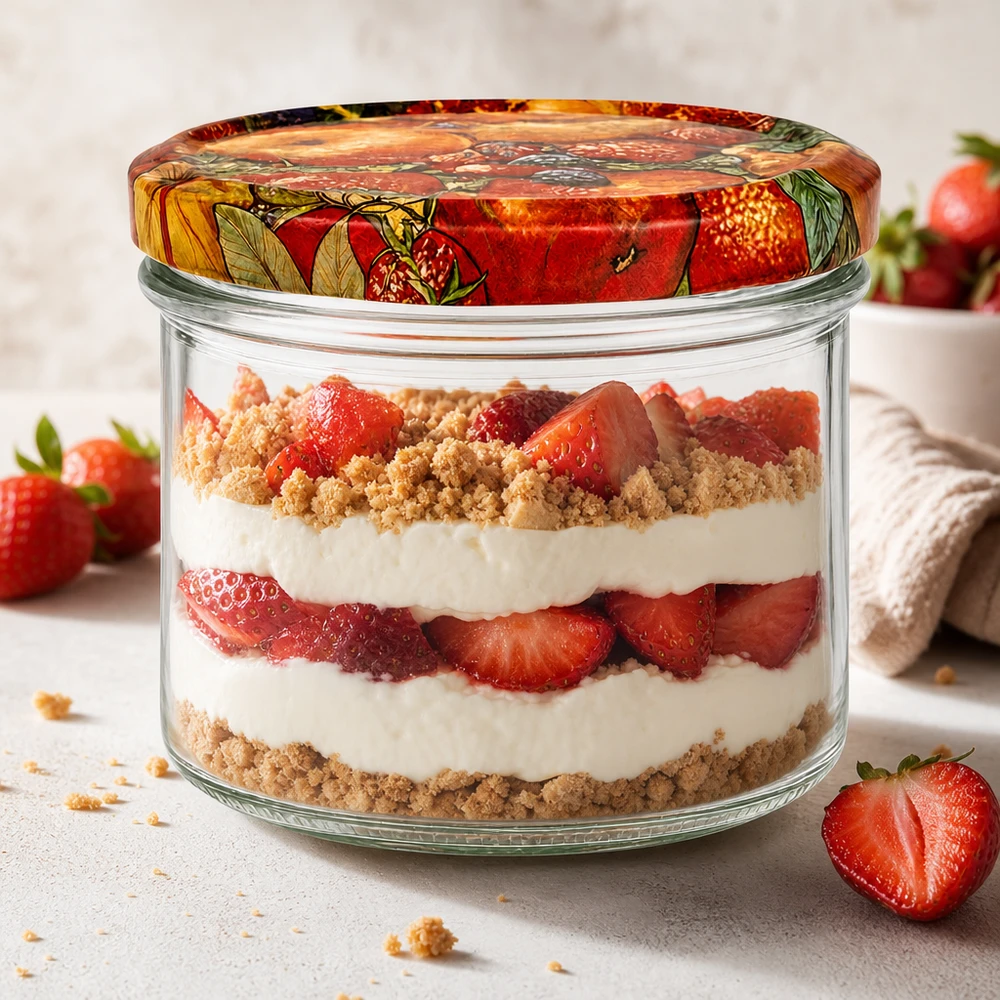 225ml kelímky + víčko BasicSeal s dekorem ovoce UNiTWIST 225ml Sturzglas Obst-Dekor mit cremigem Erdbeer-Schichtdessert gefüllt, Dessertglas für Tiramisu und Parfait