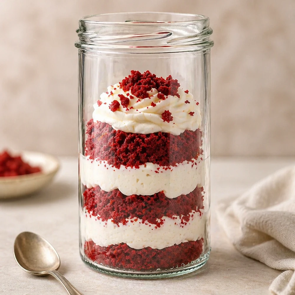 Tumbler o objemu 277 ml bez víčka (TO66) UNiTWIST Red Velvet Dessert im UNiTWIST Sturzglas 277ml mit Sahne und roten Streuseln in Schichten angerichtet