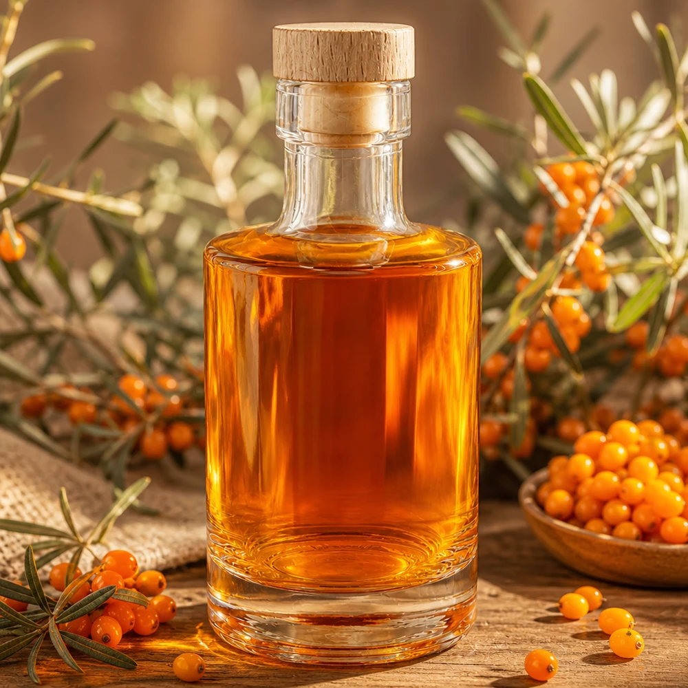 200ml Glasflasche Marie mit Sanddornöl gefüllt, Holzkorken-Verschluss, natürliche Deko mit Sanddornbeeren und Zweigen