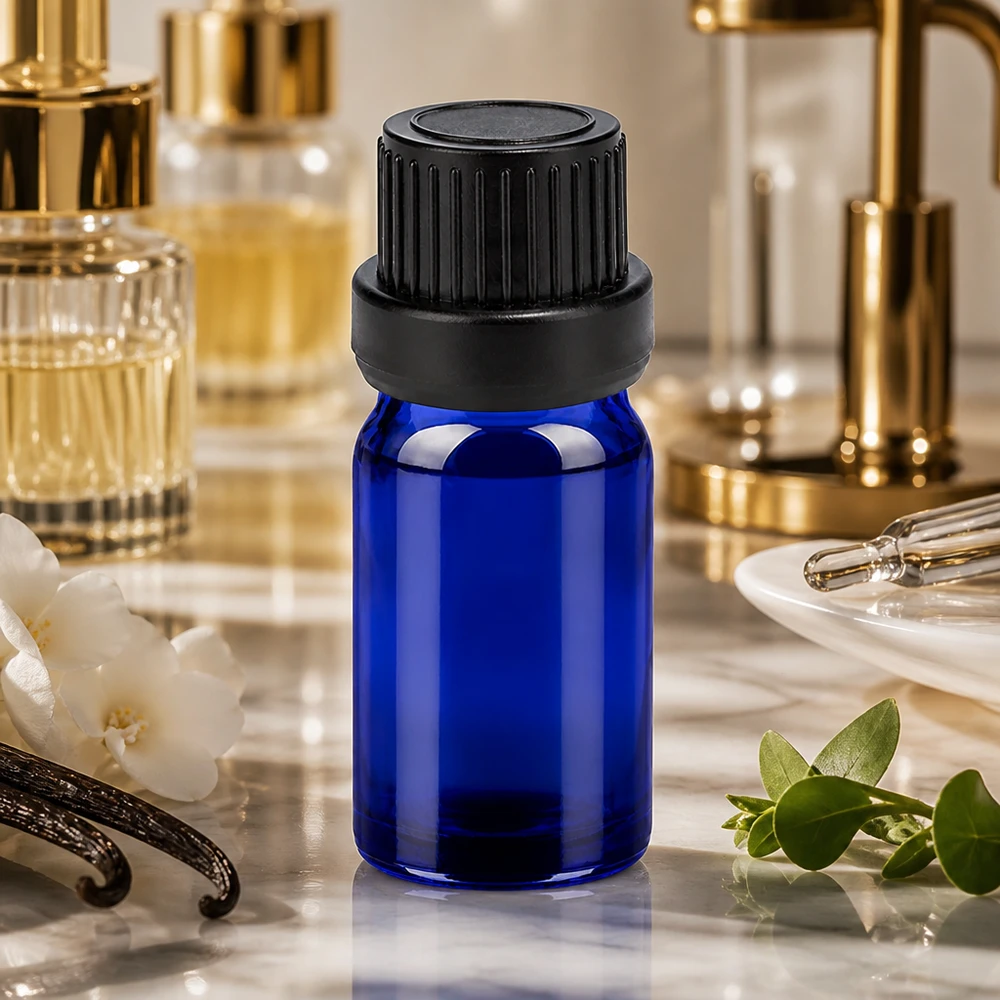 Lahvička 5ml 11mm šroubovací uzávěr černý BlueLine UT18/5 s ochranným uzávěrem proti manipulaci Elegante 5ml Flasche in Kobaltblau mit mattschwarzem Verschluss für hochwertige Essenzen
