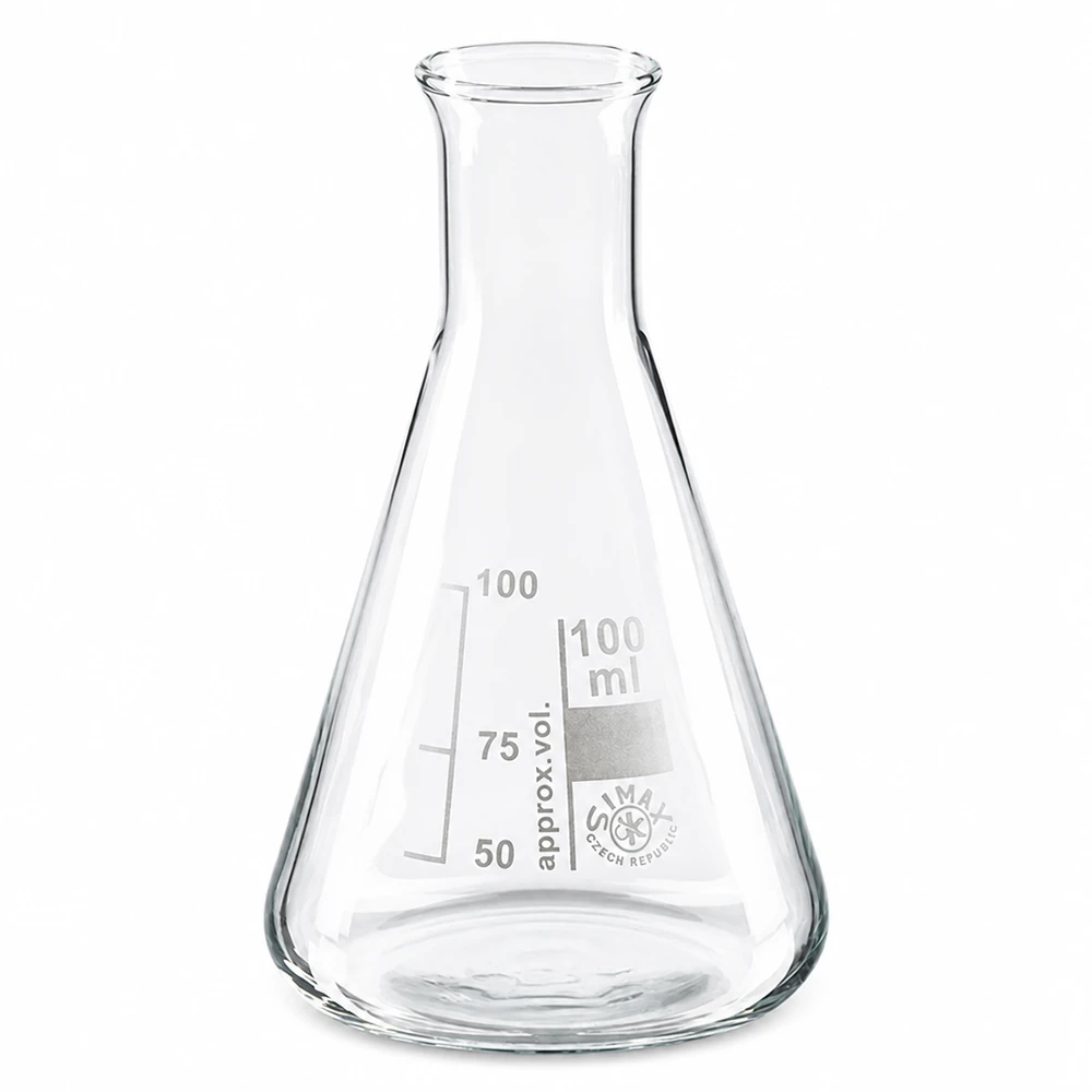 Erlenmeyerova baňka 100 ml s úzkým hrdlem Konische Glasflasche 100ml Erlenmeyerform mit Skala für wissenschaftliche Zwecke