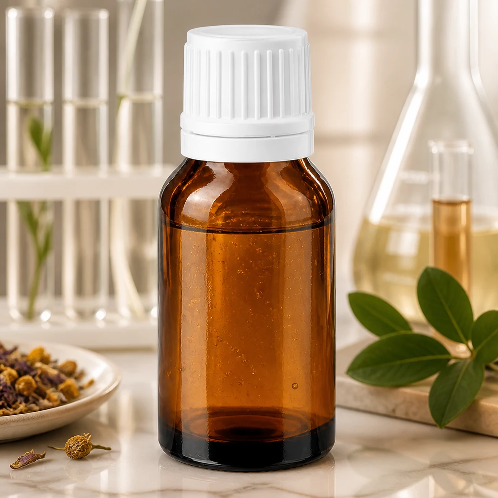Lékárenská lahvička hnědá 30ml šroubovací uzávěr bílý bezpečnostní uzávěr. Pharmazeutische 30ml Braunglasflasche mit manipulationssicherem weißen Verschluss im Naturkontext