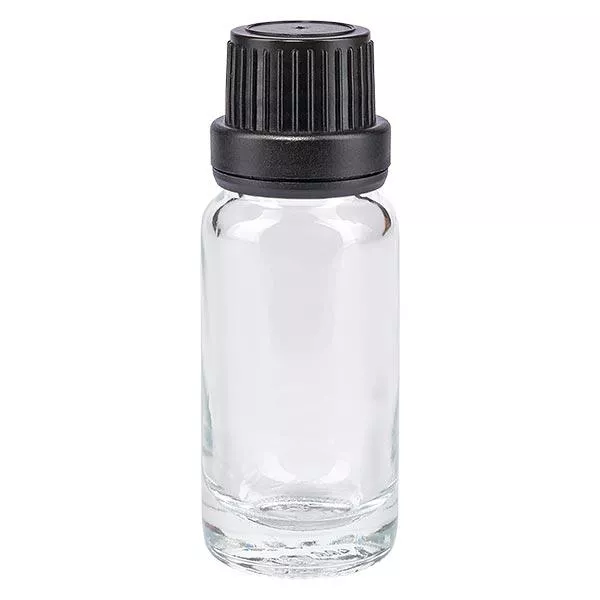 Lékárenská lahvička čirá 10ml šroubovací uzávěr černý tamper evident uzávěr. Lékárenská lahvička čirá 10ml šroubovací uzávěr černý tamper evident uzávěr.