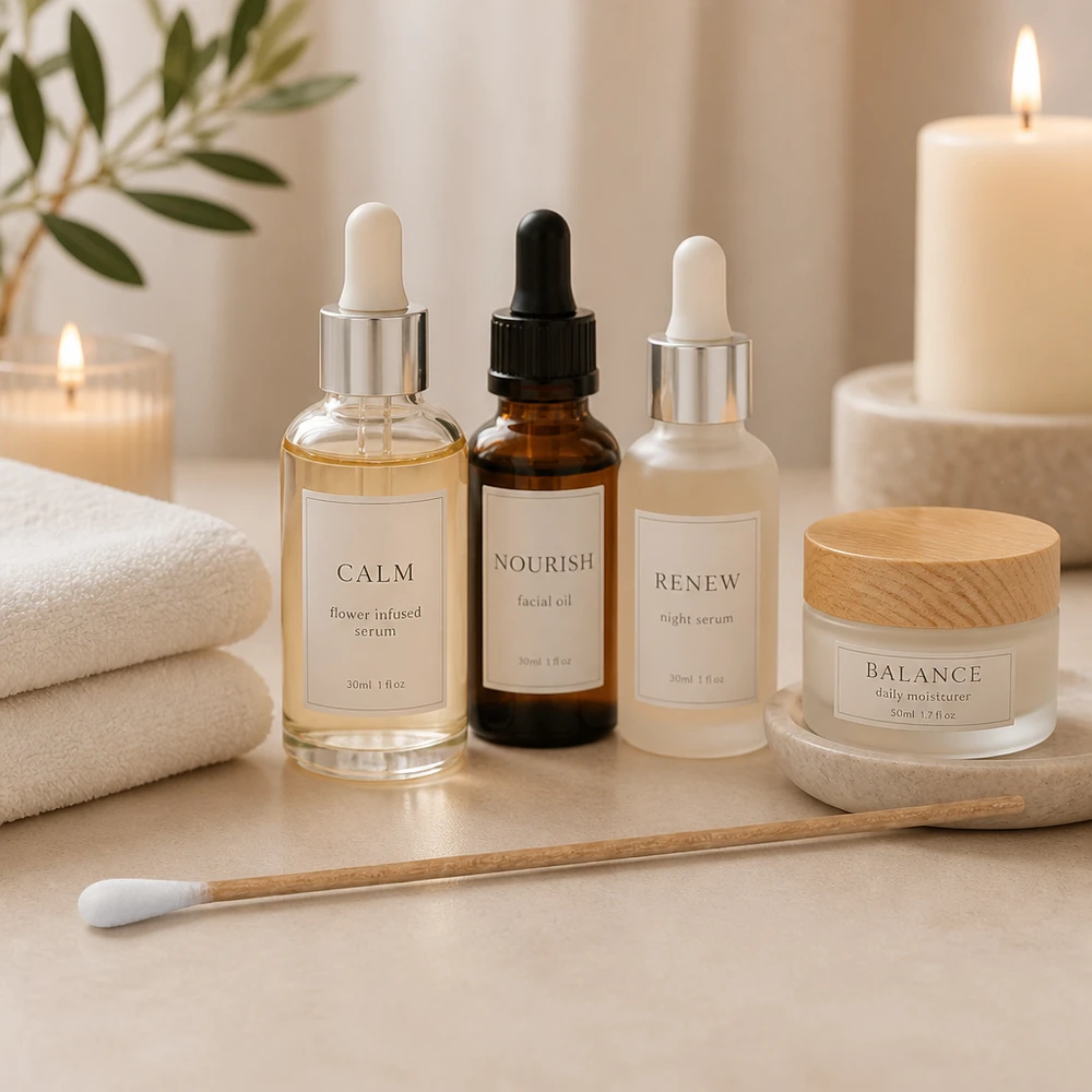 Vatové tyčinky UNSTERIL Wattestäbchen unsteril zur Hautpflege neben Nourish Facial Oil und Renew Night Serum