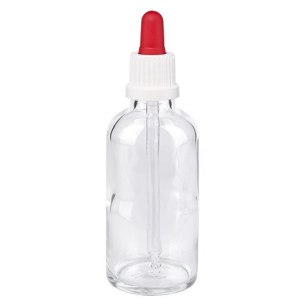 Lékárenská láhev čirá 50ml pipeta bílá/červená uzávěr s ochranou proti manipulaci. Lékárenská láhev čirá 50ml pipeta bílá/červená uzávěr s ochranou proti manipulaci.