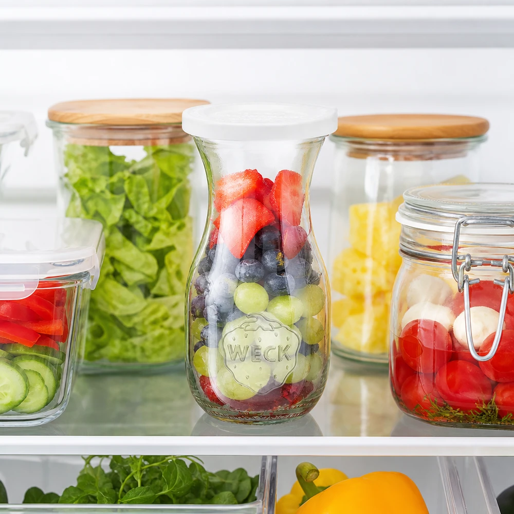 290ml láhev na šťávu s víčkem WECK RR60 pro zachování čerstvosti. WECK 290ml Saftflasche mit Frischedeckel im Kühlschrank gefüllt mit Beeren neben Meal Prep Gläsern mit Salat