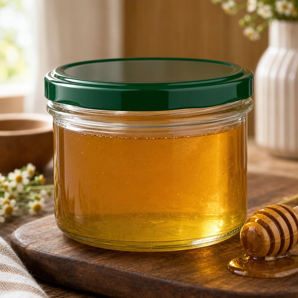 225ml tumblery + víčko BasicSeal zelené UNiTWIST s ovocem. 225ml Sturzglas BasicSeal grüner Deckel mit Honig gefüllt neben Honiglöffel auf Holzbrett natürliche Küchendeko
