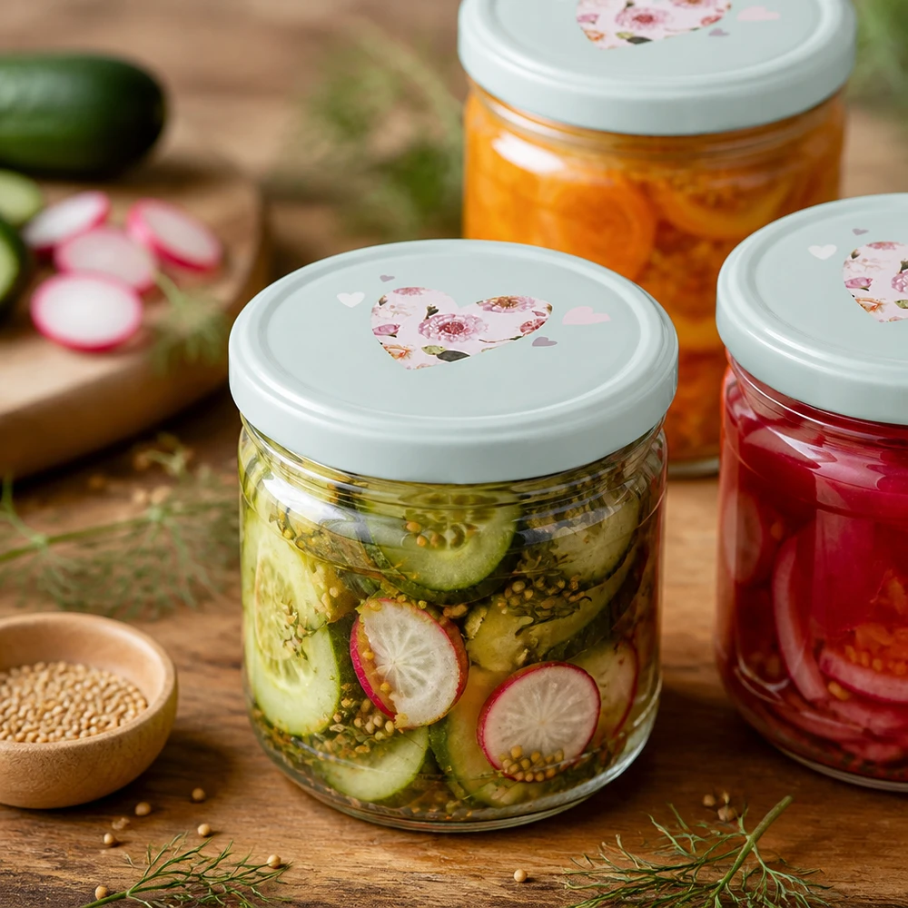 260ml kelímky + víčko BasicSeal srdíčková máta UNiTWIST 260ml Sturzgläser mit eingelegtem Gemüse befüllt, BasicSeal Deckel mit Herzmotiv, Gurken und Radieschen eingelegt